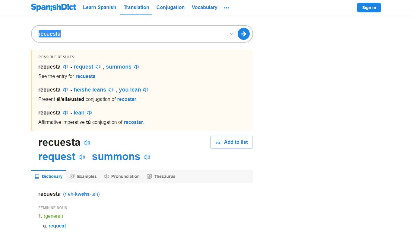 Recuesta | Spanish to English Translation - SpanishDict